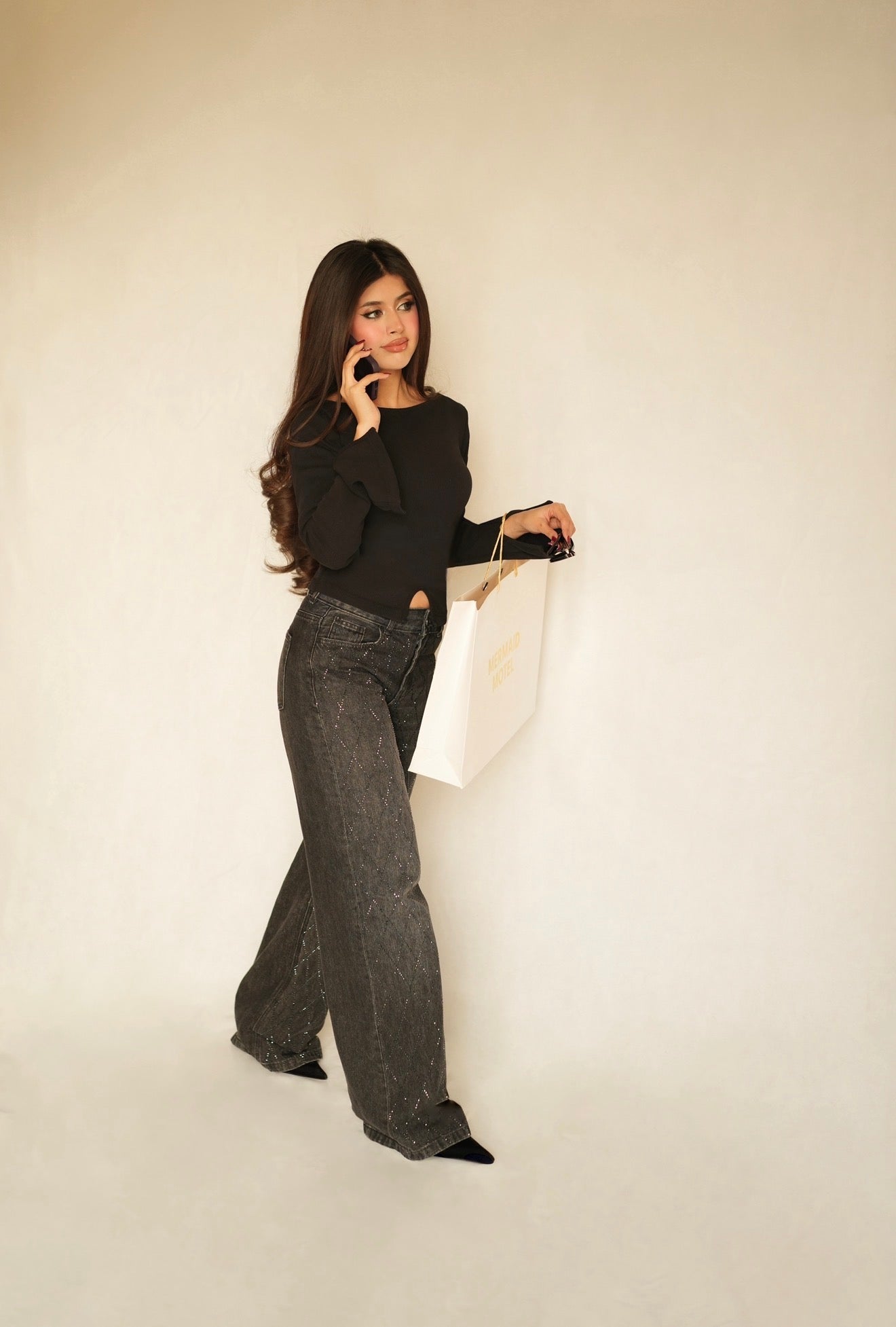 Black Long Sleeve Cutout Top
