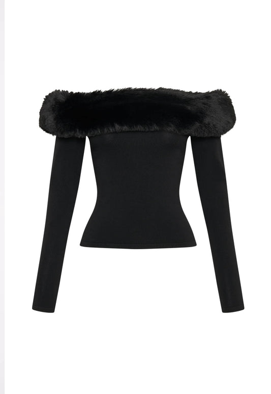 Black shoulder off fur top