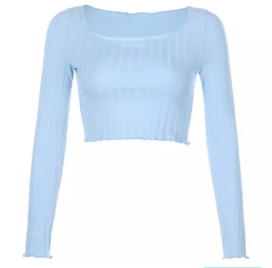 blue ribbed square neck top