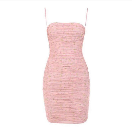pink floral ruched bodycon dress
